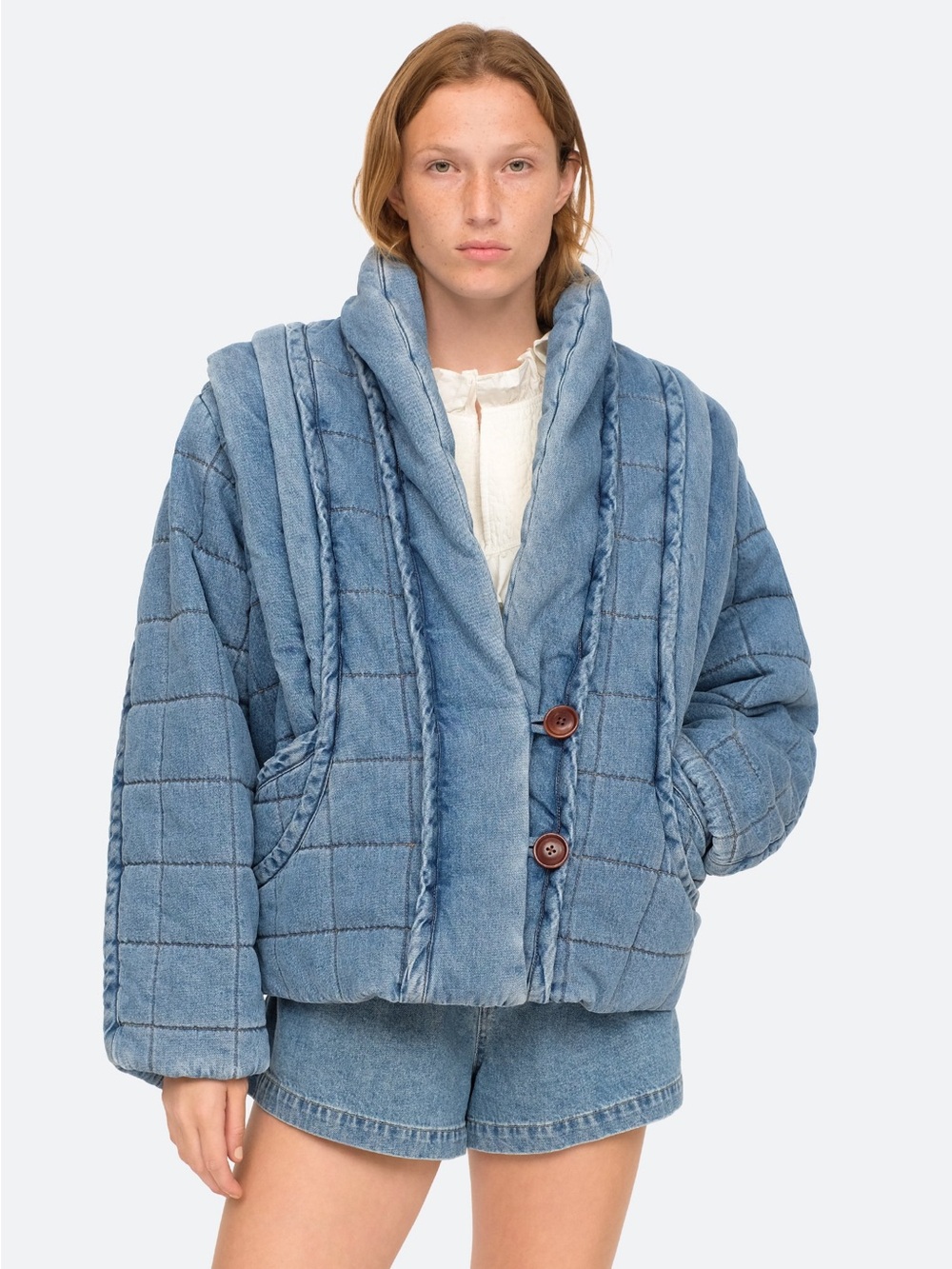 Sea New York Light Blue Denim Quilted Puffer Jacket
